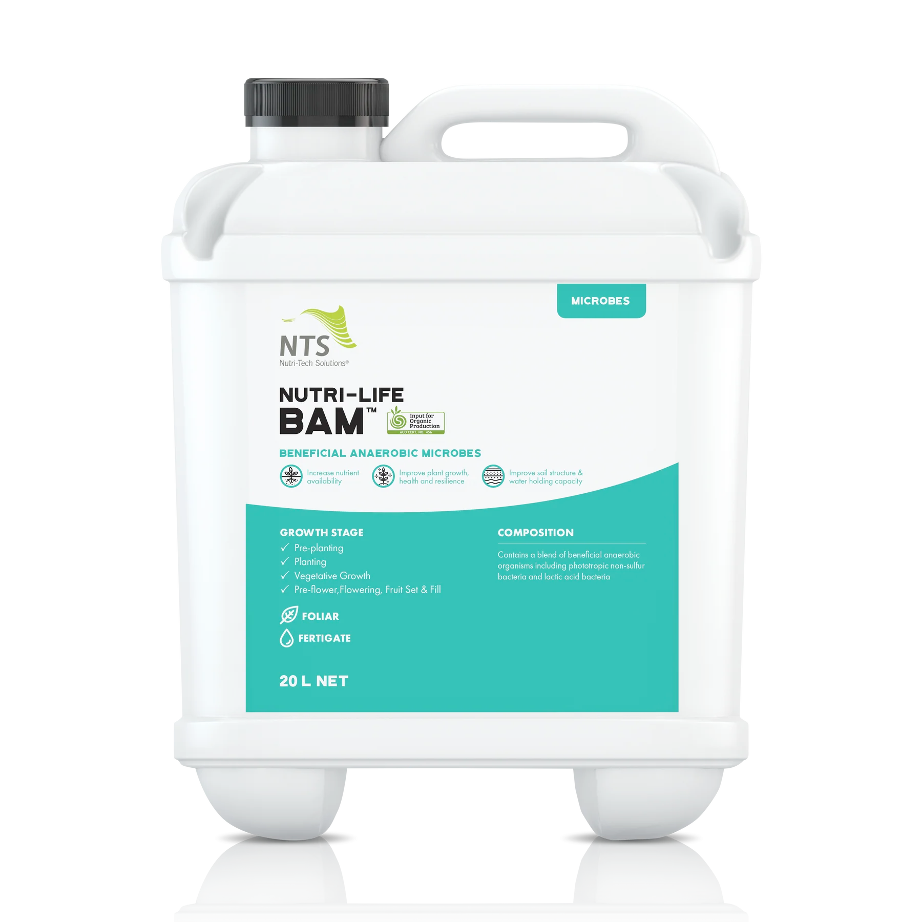 A photograph of a 20L drum of the NTS beneficial anaerobic microbes product called BAM™ 