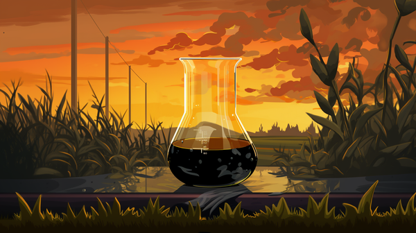 Black Wood vinegar in beaker with dramatic sunset in the background